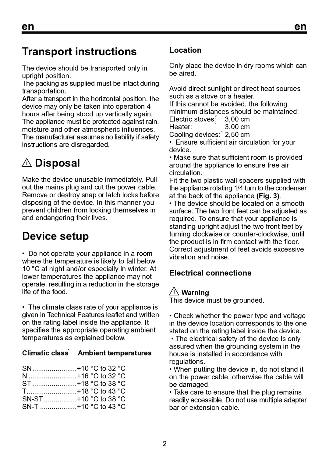 Beko RRN 2650, Refrigerator Transport instructions, Disposal, Device setup, Location, Electrical connections 