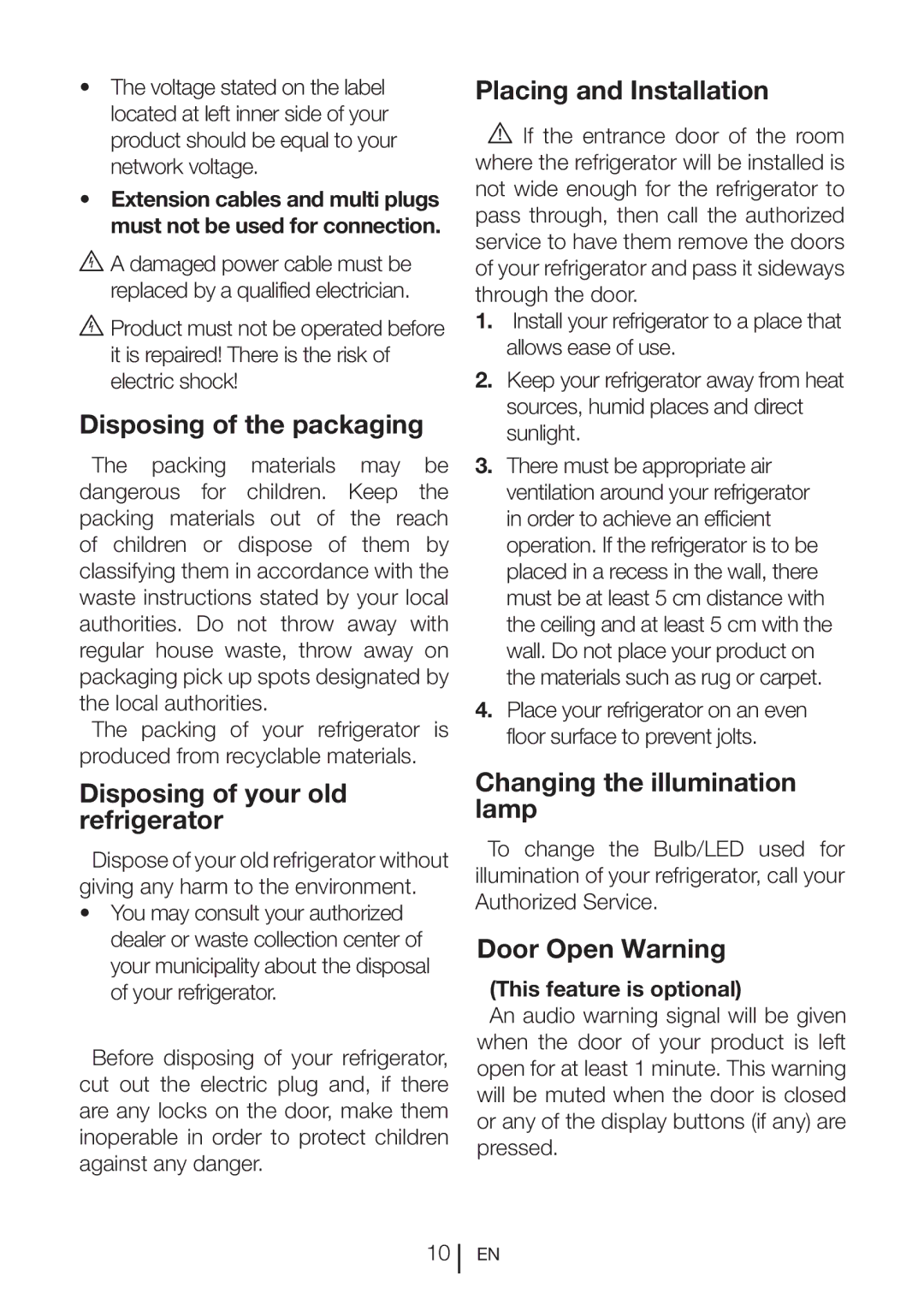 Beko SN 142030 Disposing of the packaging, Disposing of your old refrigerator, Placing and Installation, Door Open Warning 