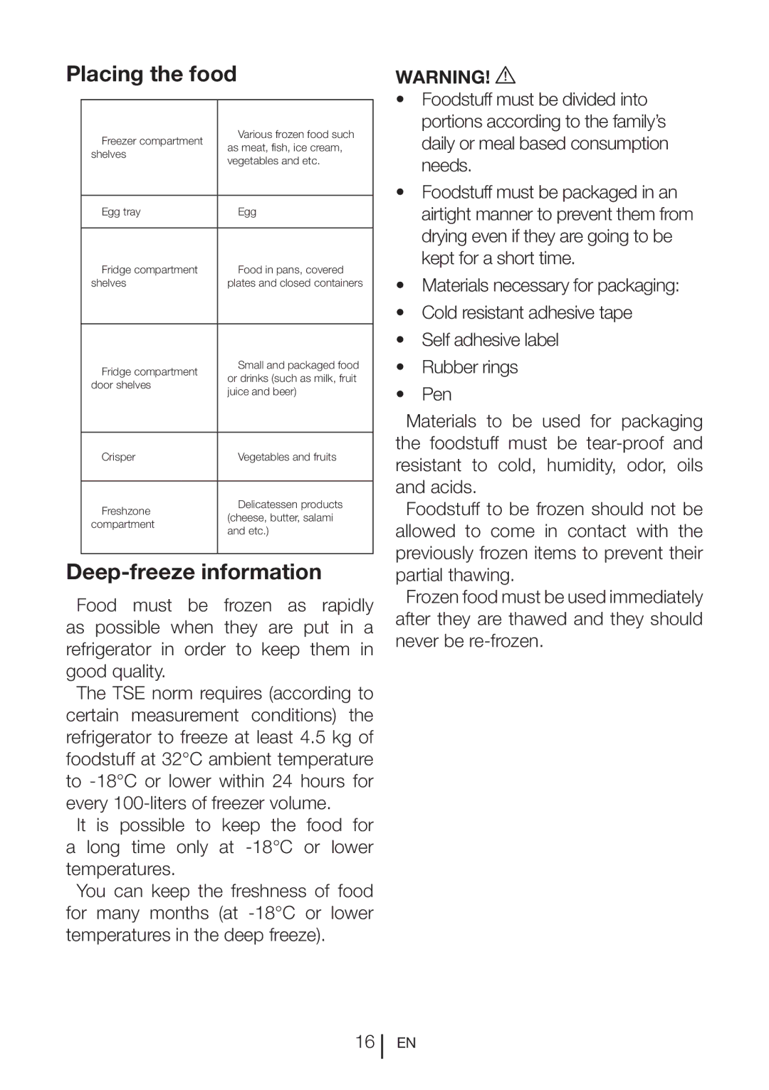 Beko SN 142030 manual Placing the food, Deep-freeze information 