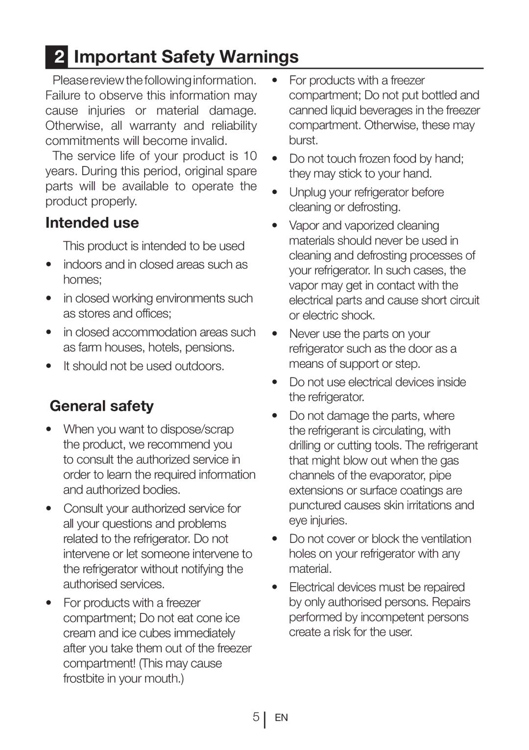 Beko SN 142030 manual Important Safety Warnings, Intended use, General safety 