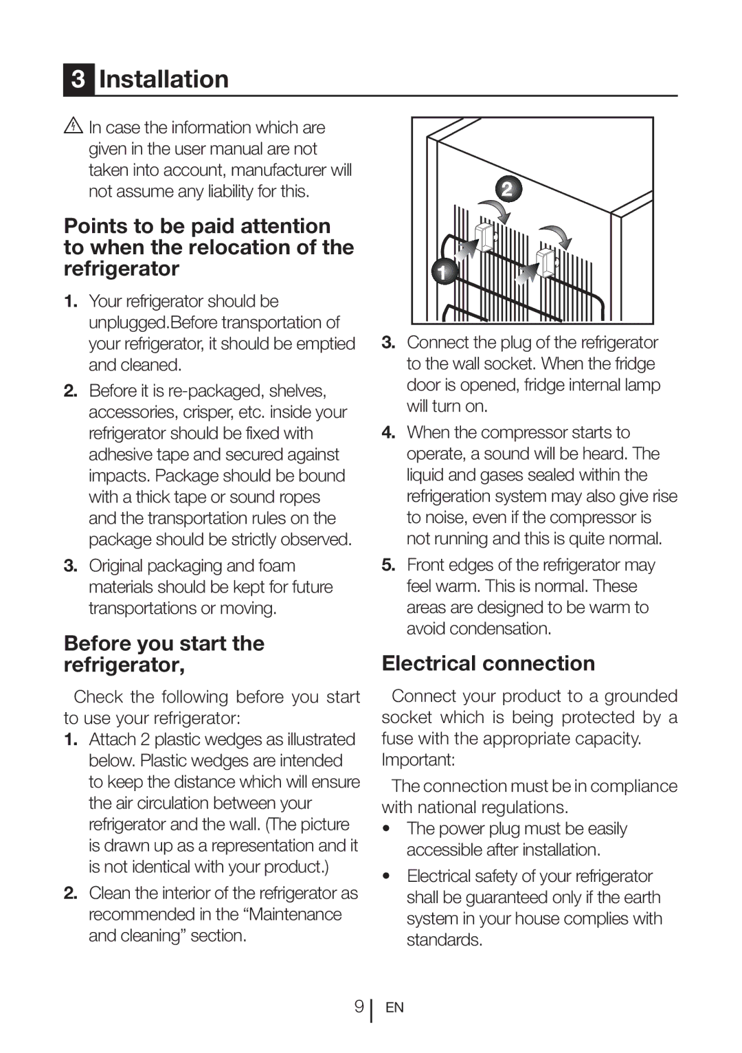 Beko SN 142030 manual Installation, Before you start the refrigerator, Electrical connection 