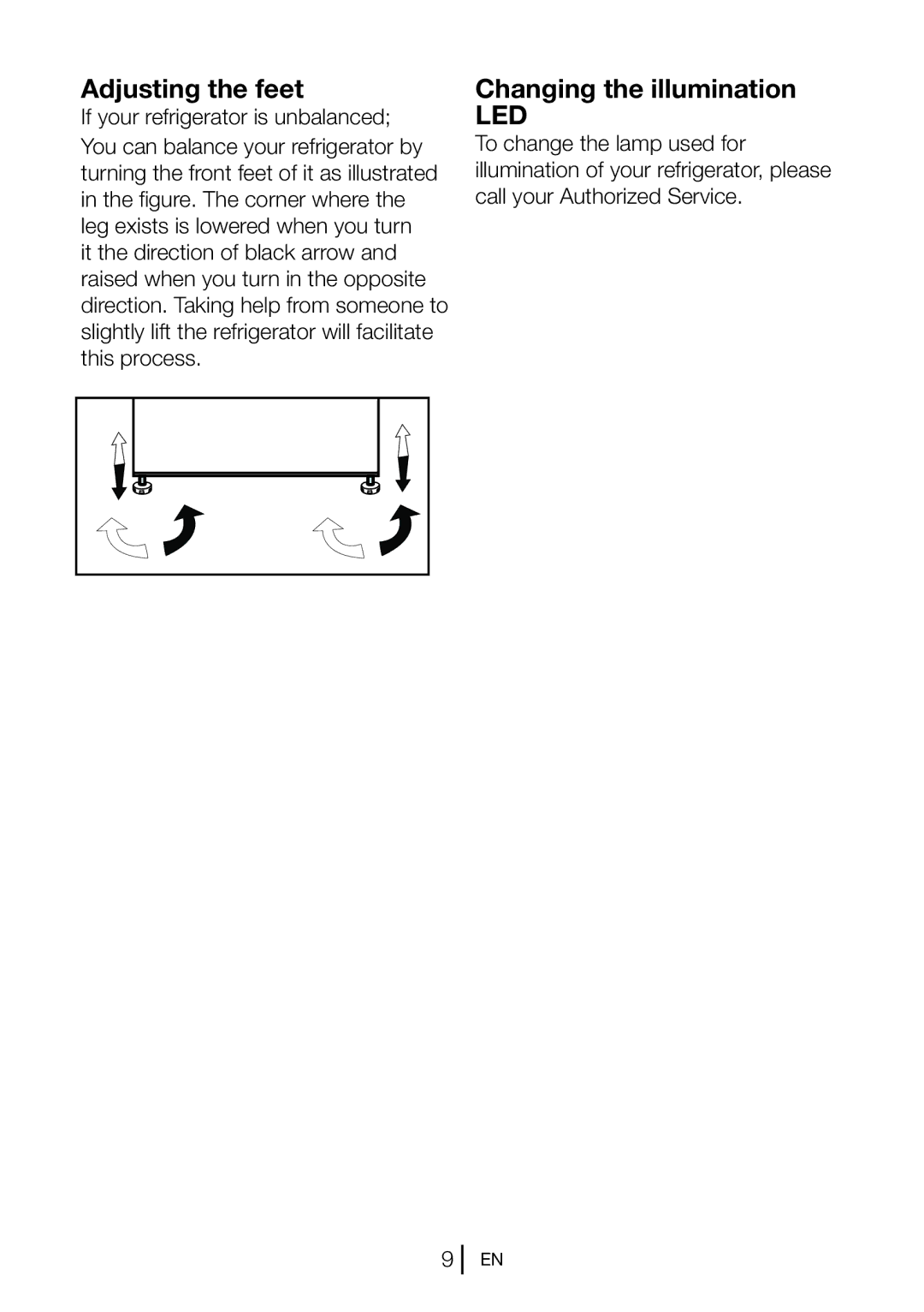 Beko SS 137020 X manual Adjusting the feet, Changing the illumination 