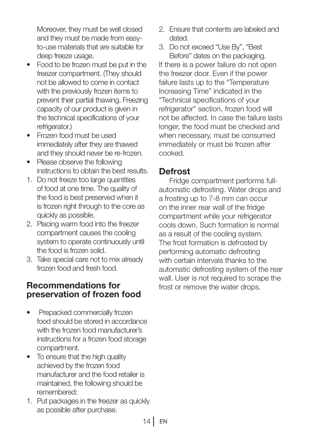 Beko SS 137020 X manual Recommendations for preservation of frozen food, Defrost 