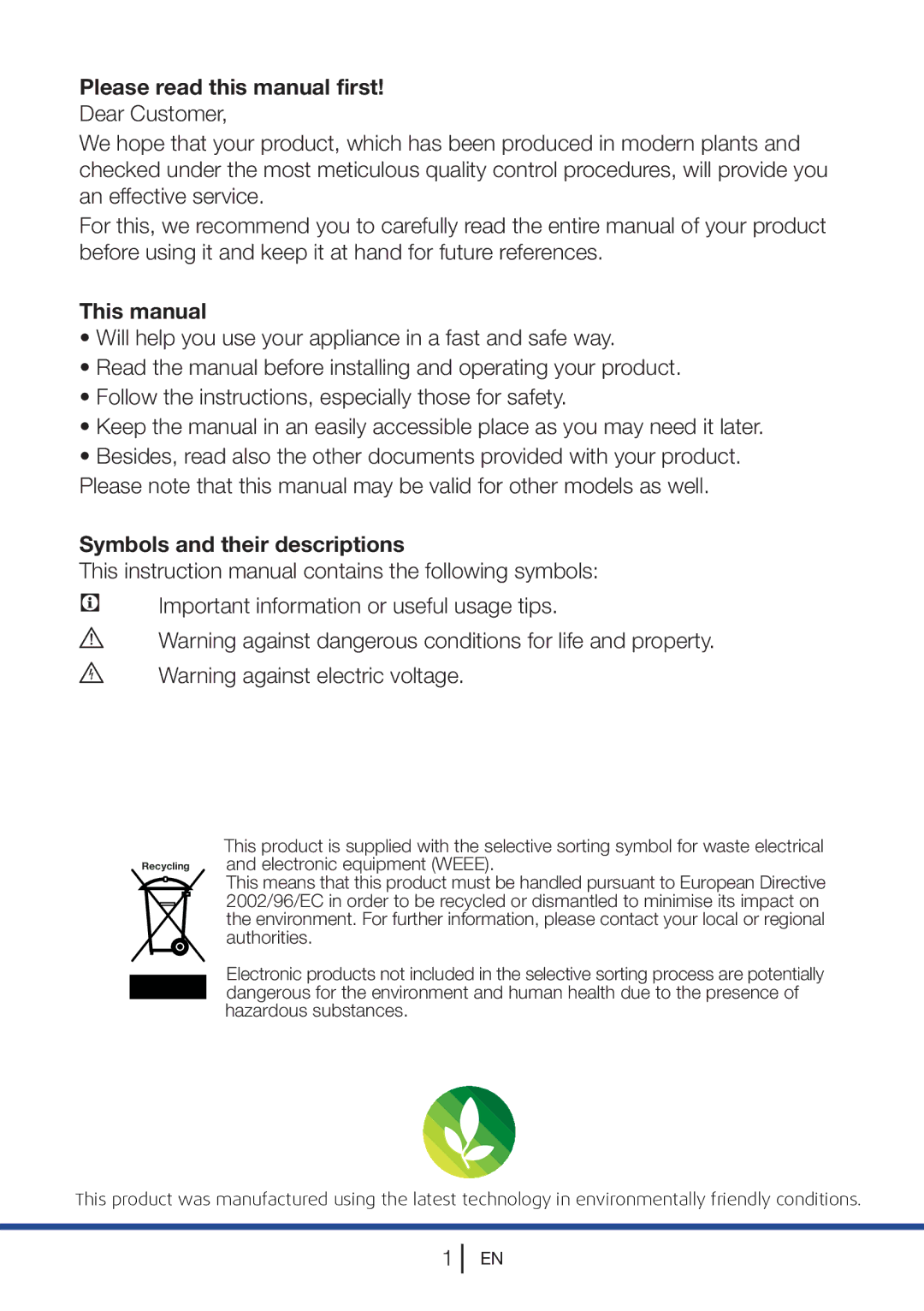 Beko SS 137020 X Please read this manual first, This manual, Symbols and their descriptions 