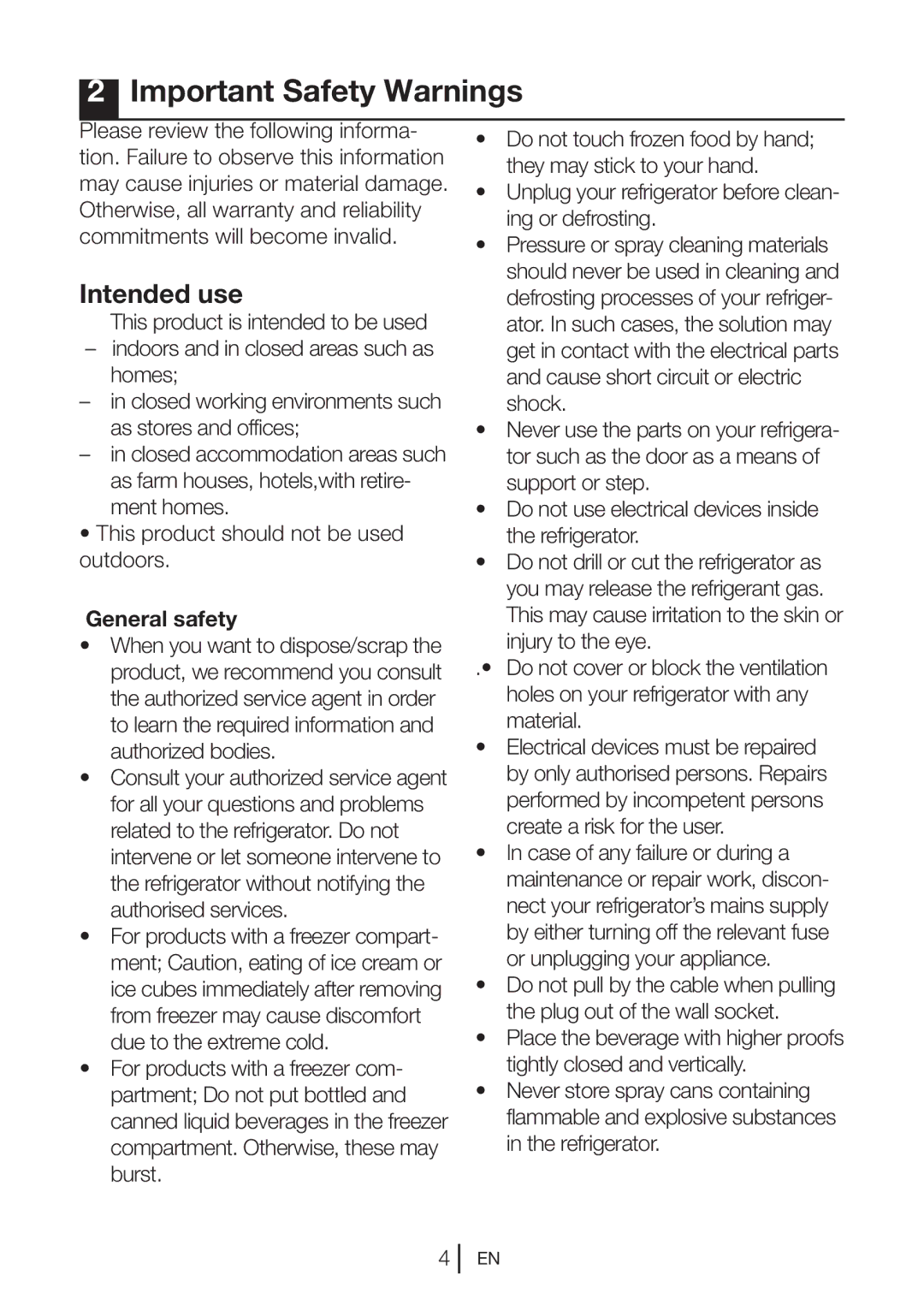 Beko SS 137020 X manual Important Safety Warnings, Intended use, General safety 