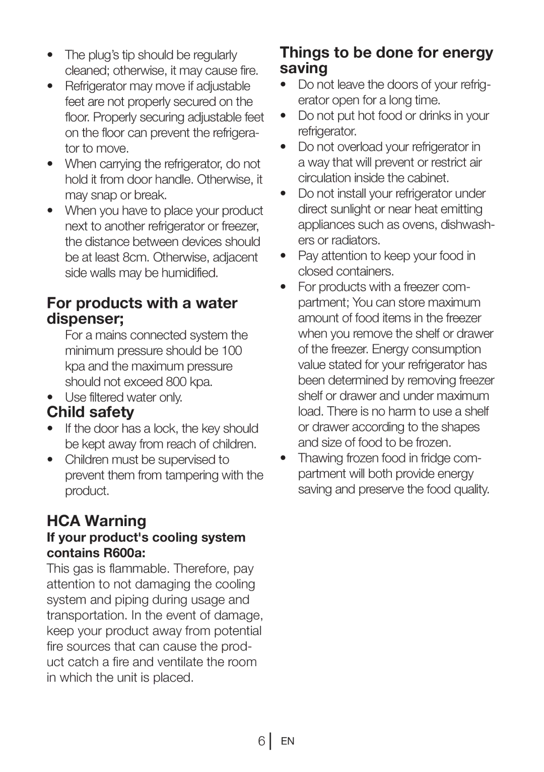 Beko SS 137020 manual For products with a water dispenser, Child safety, HCA Warning, Things to be done for energy saving 