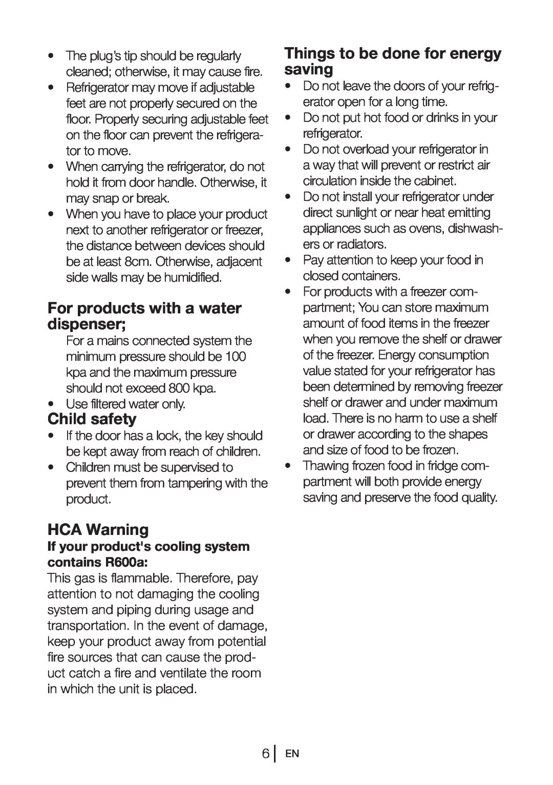 Beko SS 137020 manual For products with a water dispenser, Child safety, HCA Warning, Things to be done for energy saving 