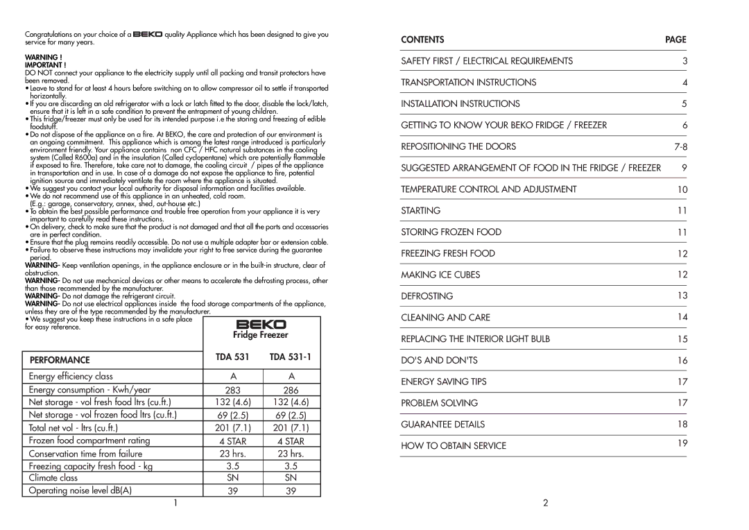 Beko TDA 531-1 manual Performance 