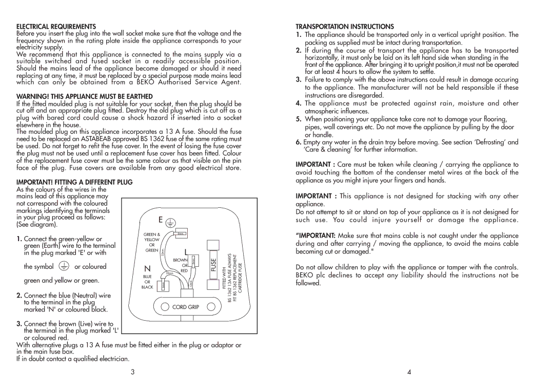 Beko TDA 531-1 manual Electrical Requirements, IMPORTANT! Fitting a Different Plug 