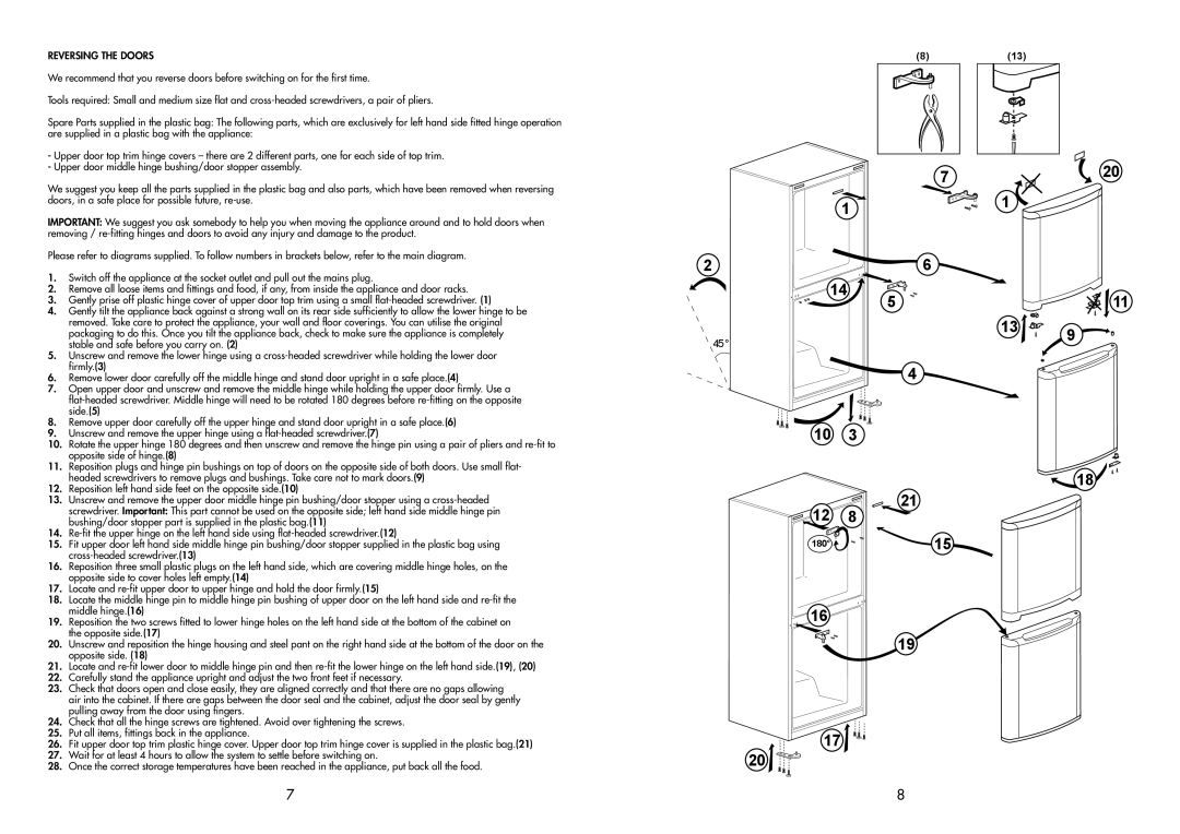 Beko TDA 531-1 manual Reversing the Doors 