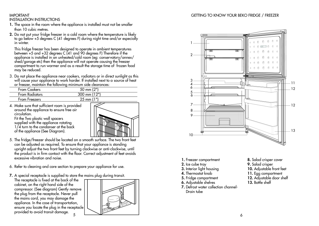 Beko TDA 531 Installation Instructions, From Cookers, 50 mm, From Radiators, 300 mm, From Freezers, 25 mm, Ice cube tray 