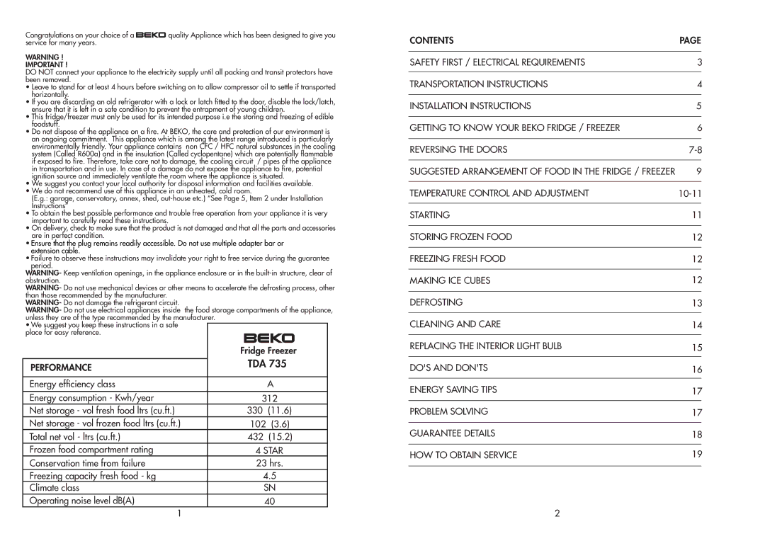 Beko TDA 735 manual Tda, Performance 