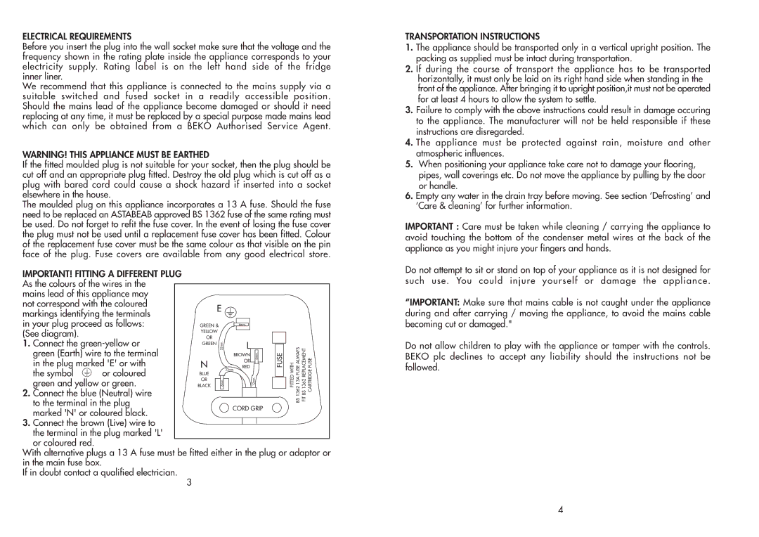 Beko TDA 735 manual Electrical Requirements, IMPORTANT! Fitting a Different Plug 