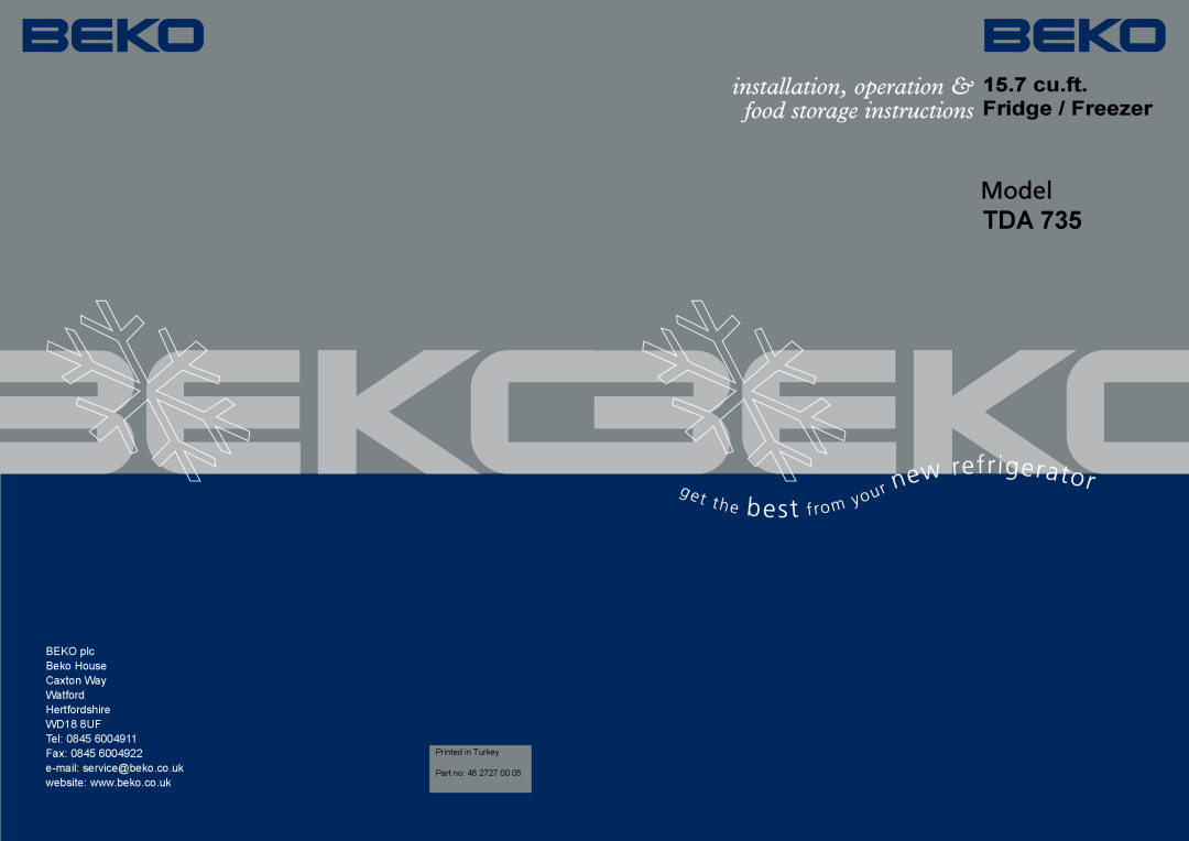 Beko TDA 735 manual 15.7 cu.ft. Fridge / Freezer 