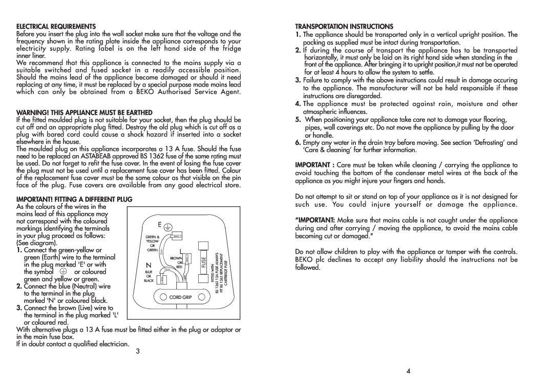 Beko TDA 735 manual Electrical Requirements 