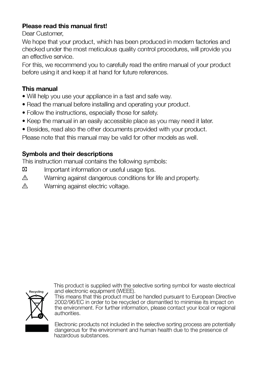 Beko TFF546APS, TFF 546APW Please read this manual first, This manual, Symbols and their descriptions 