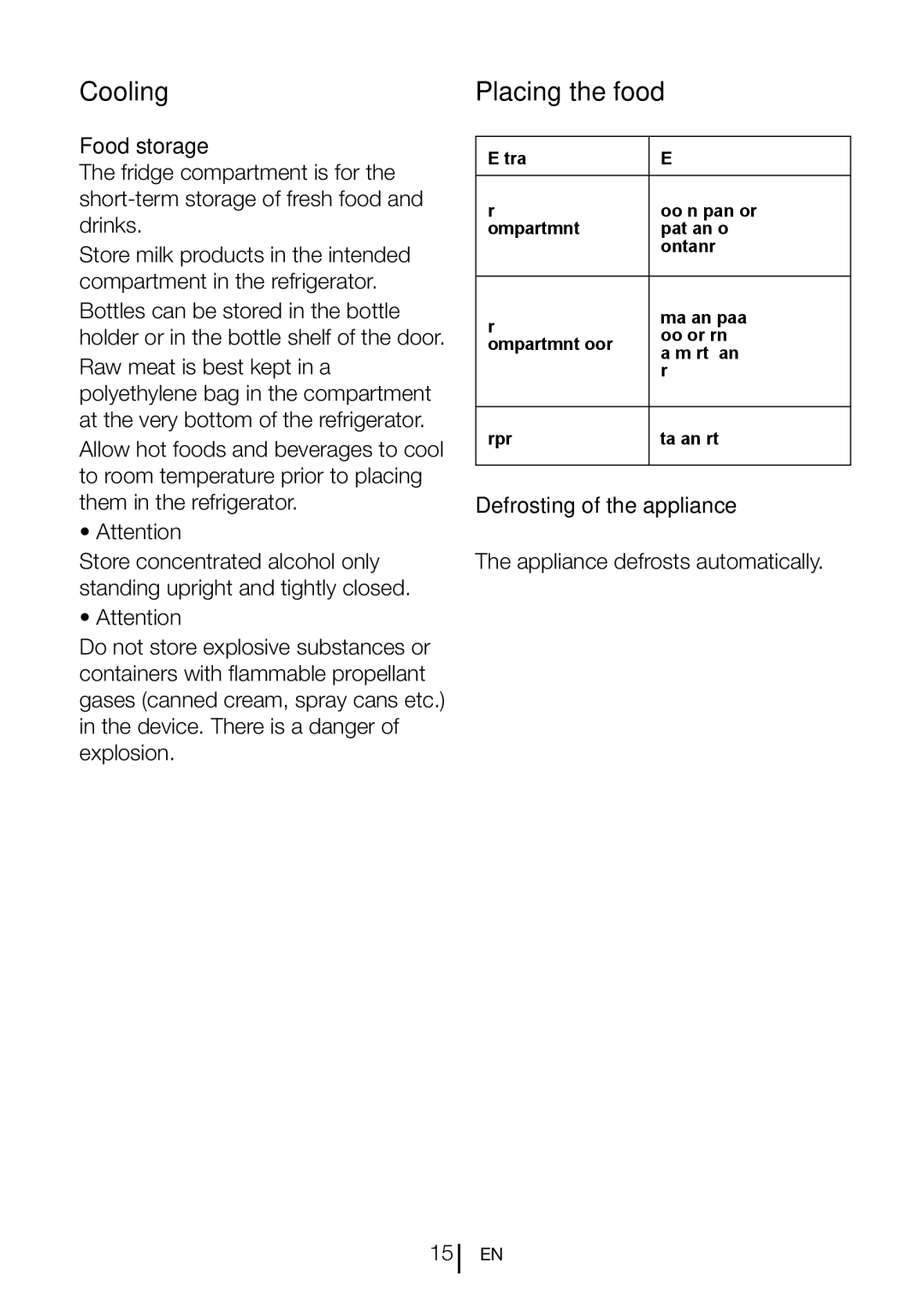 Beko TL 685 APW manual Cooling Placing the food, Food storage, Defrosting of the appliance 