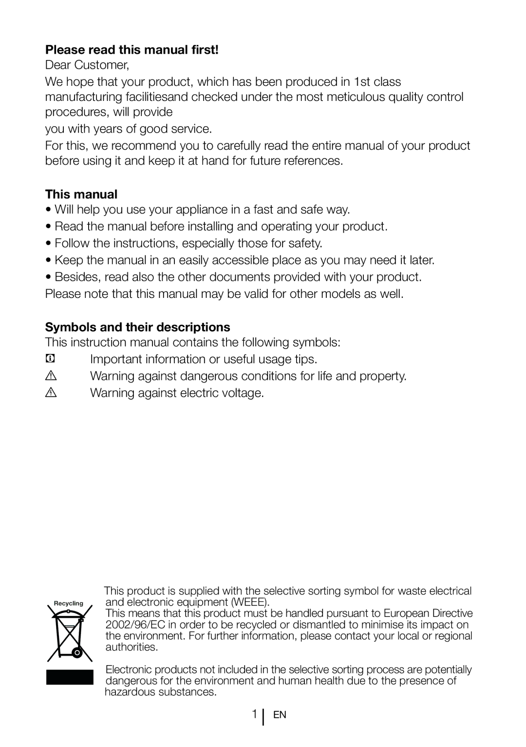 Beko TL 685 APW Please read this manual first, This manual, Symbols and their descriptions 