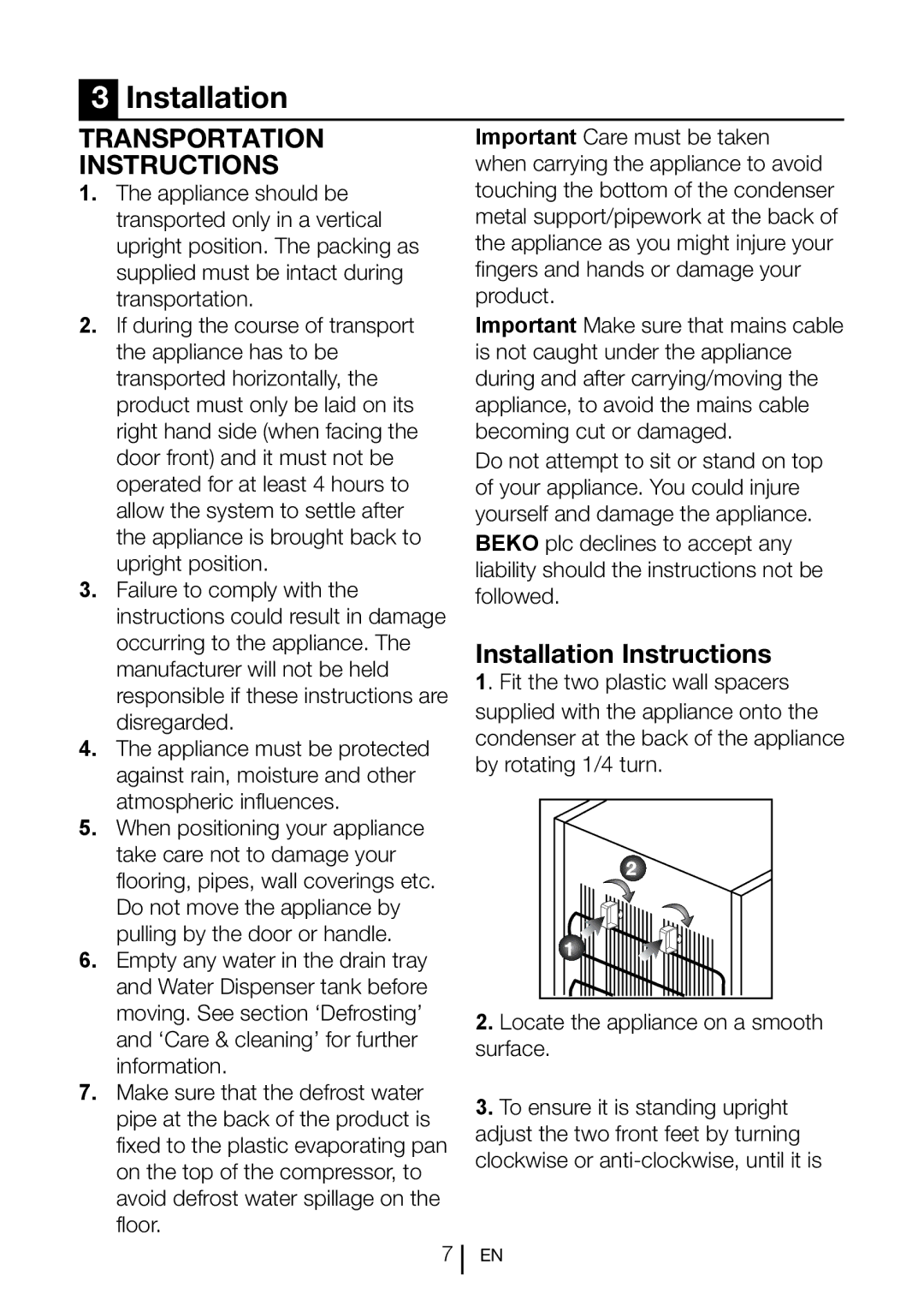 Beko TL 685 APW manual Transportation Instructions, Installation Instructions 