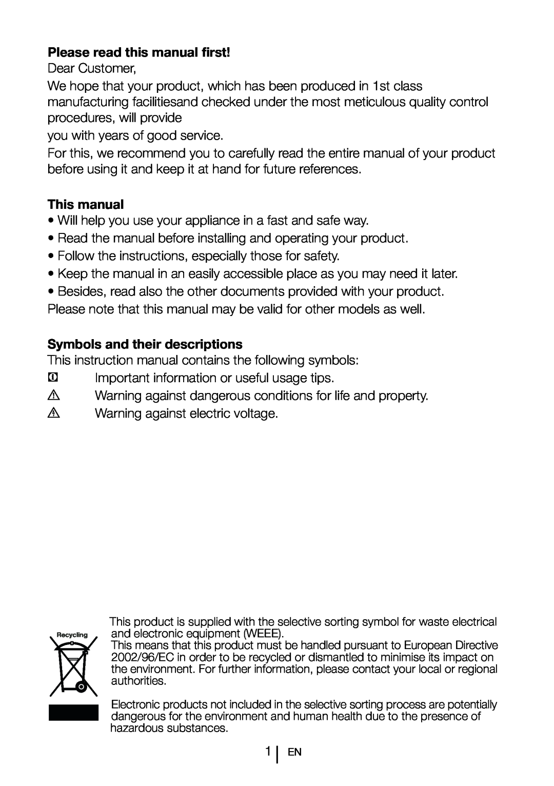 Beko TL 685 APW Please read this manual first, This manual, Symbols and their descriptions 