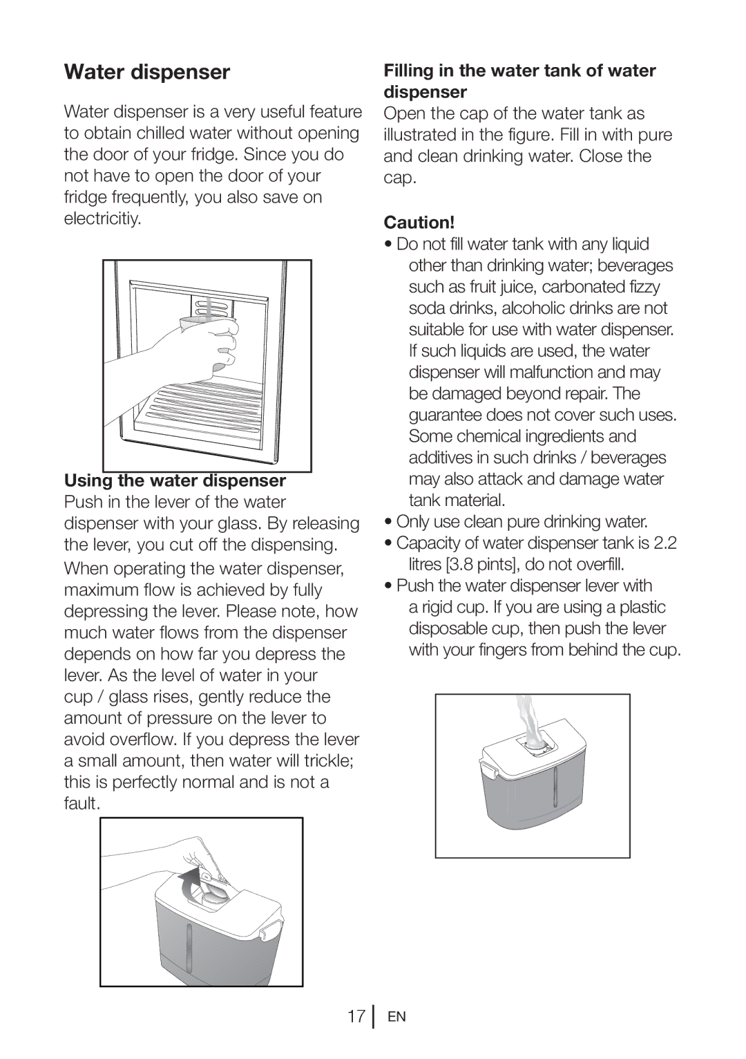 Beko TLD 673 APB, TLD 673 APW manual Water dispenser, Filling in the water tank of water dispenser 