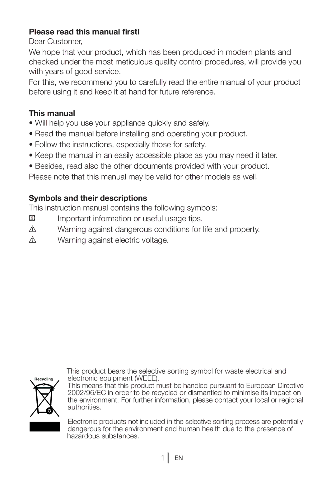 Beko TLD 673 APB, TLD 673 APW Please read this manual first, This manual, Symbols and their descriptions 