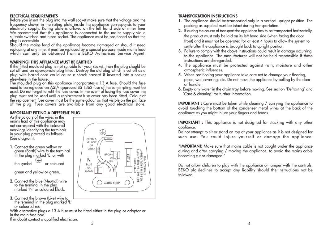 Beko TLDA 567 manual Electrical Requirements, IMPORTANT! Fitting a Different Plug 