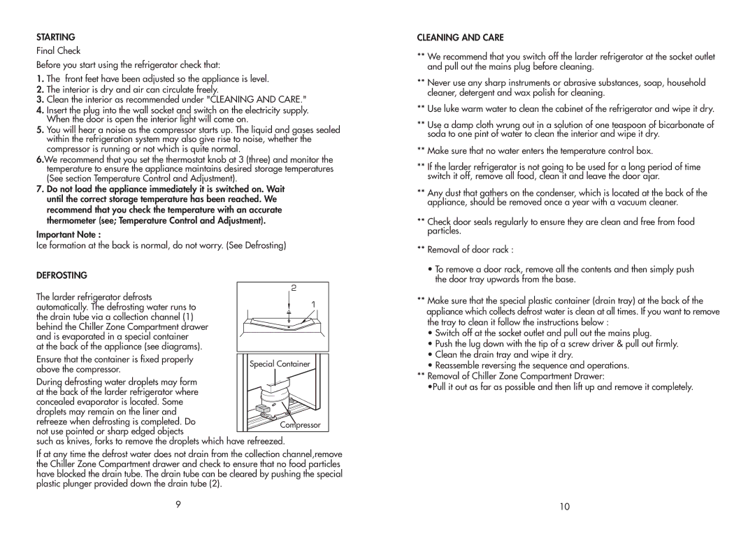 Beko TLDA 625 manual Starting, Defrosting Cleaning and Care 