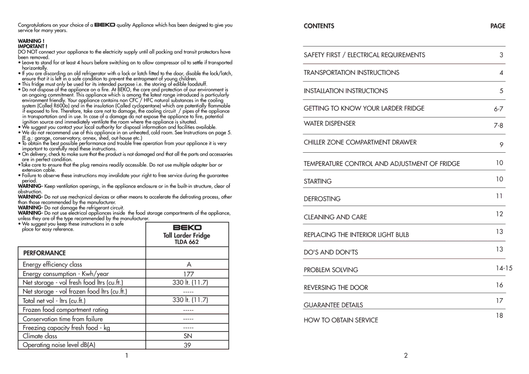 Beko TLDA 662 manual Performance, Reversing the Door, Guarantee Details, HOW to Obtain Service 