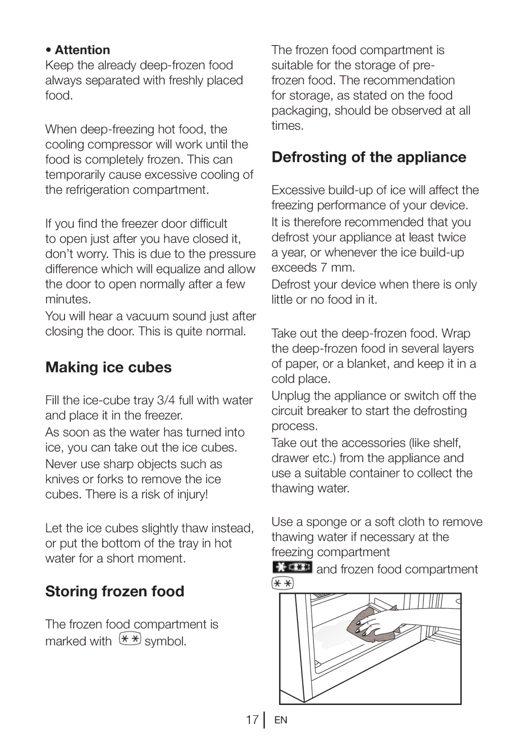 Beko TSE 1283 X manual Making ice cubes, Defrosting of the appliance, Storing frozen food 