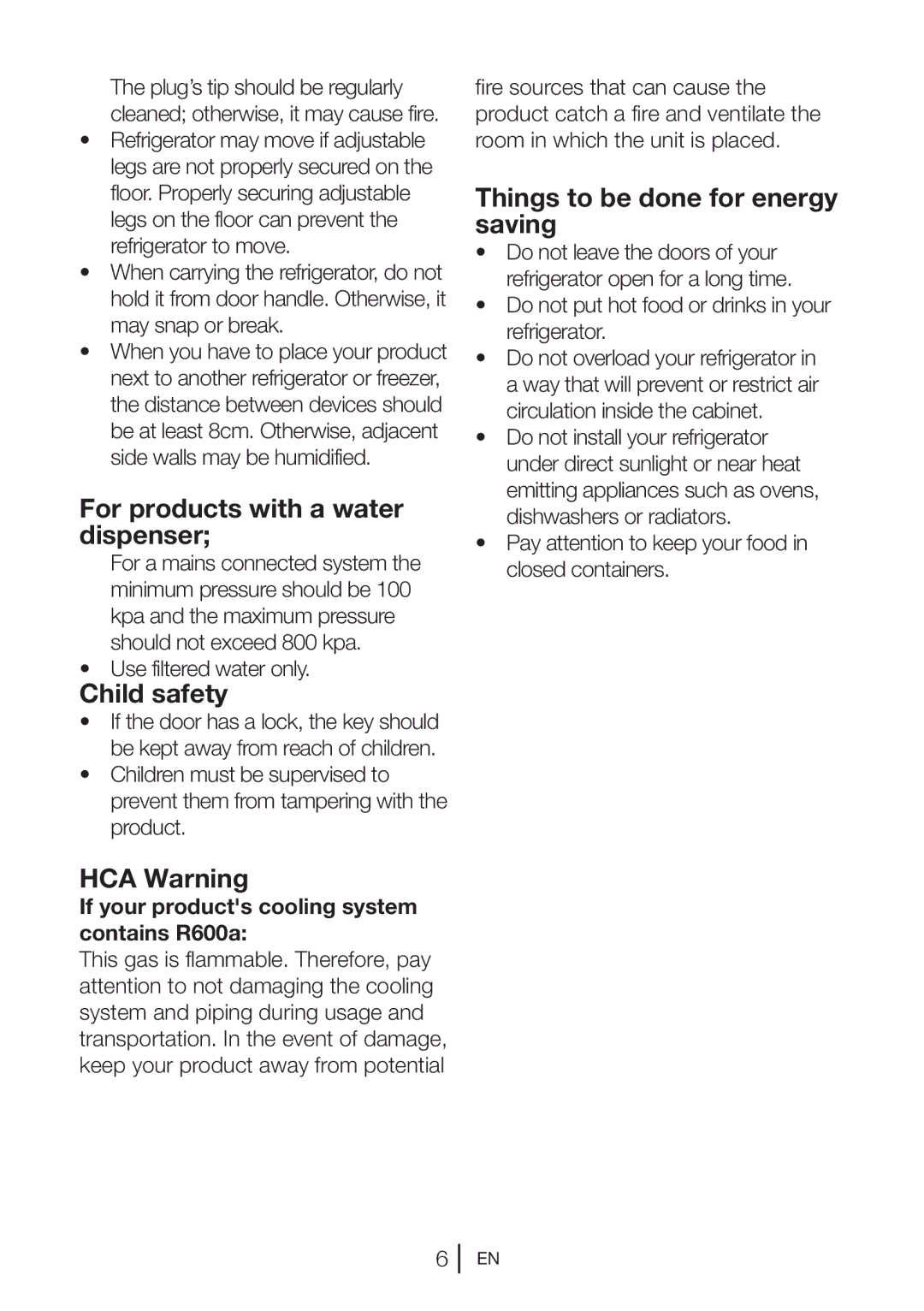 Beko TSE 1283 X manual For products with a water dispenser, Child safety, HCA Warning, Things to be done for energy saving 