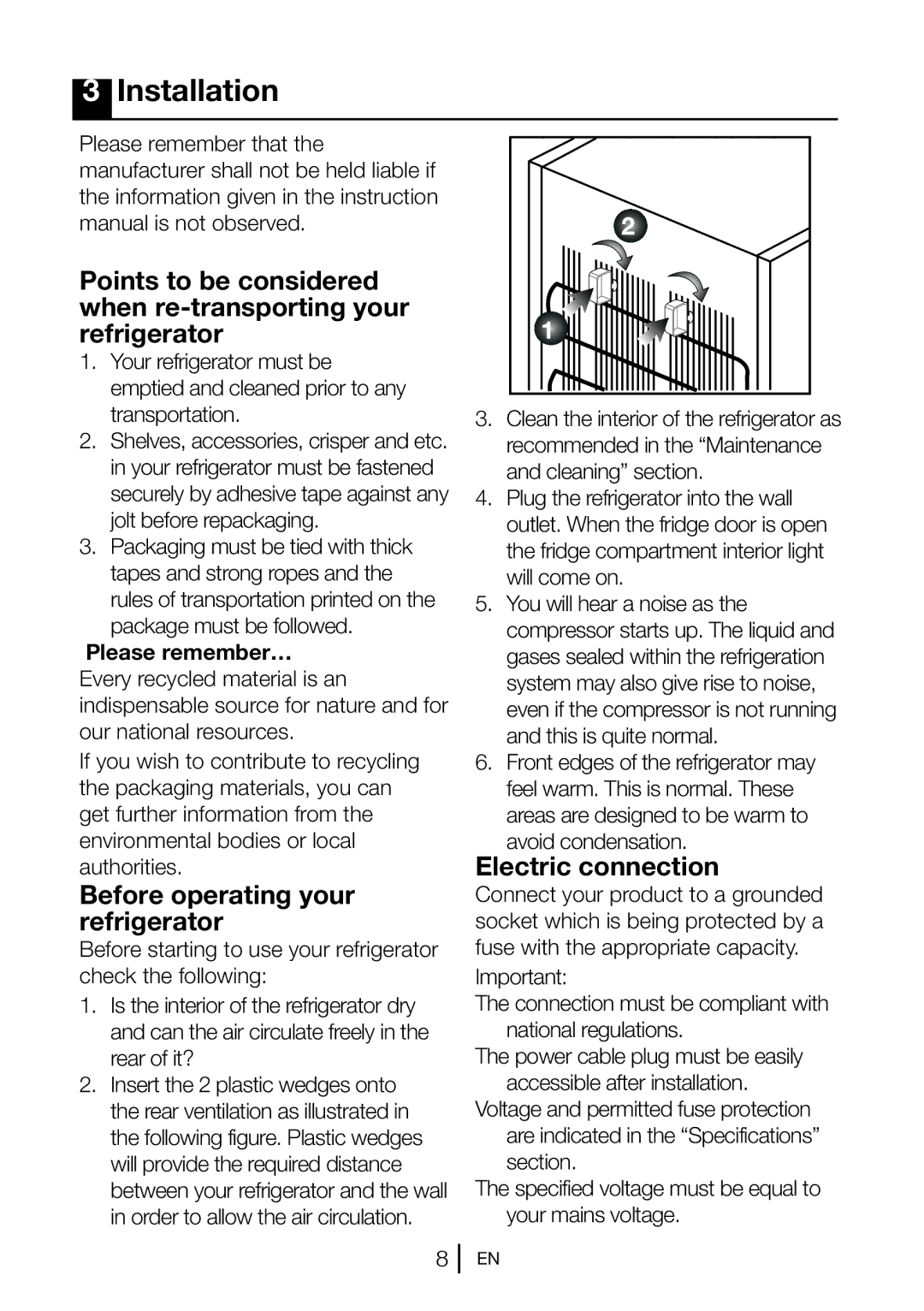 Beko TSE 1283 X manual Installation, Before operating your refrigerator, Electric connection 