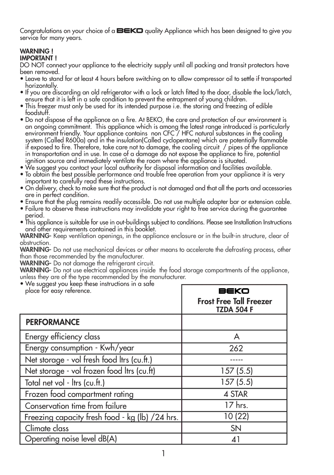 Beko TZDA 504 F manual Performance 