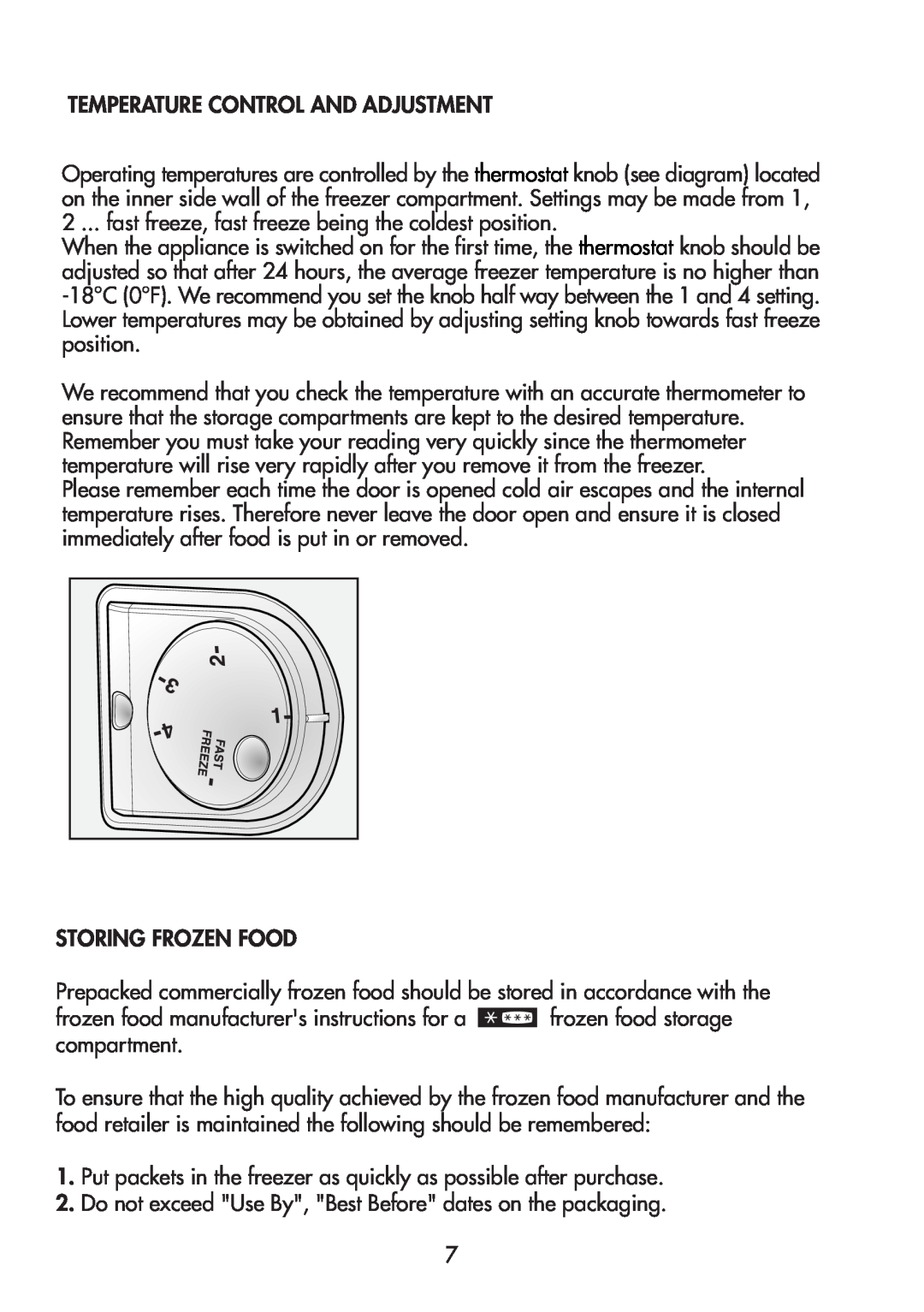 Beko TZDA 504 F manual Storing Frozen Food, frozen food storage, Temperature Control And Adjustment 