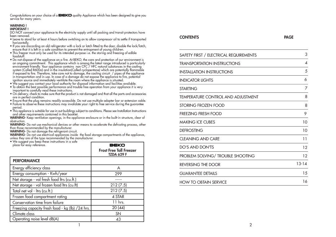 Beko TZDA 629 F manual Performance, Guarantee Details HOW to Obtain Service 