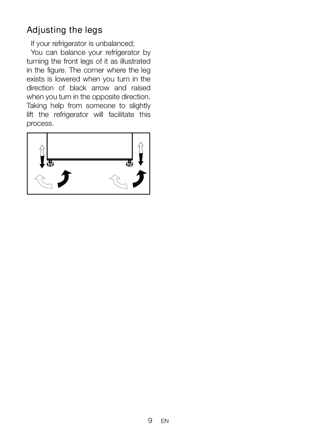 Beko UF483APW manual Adjusting the legs 