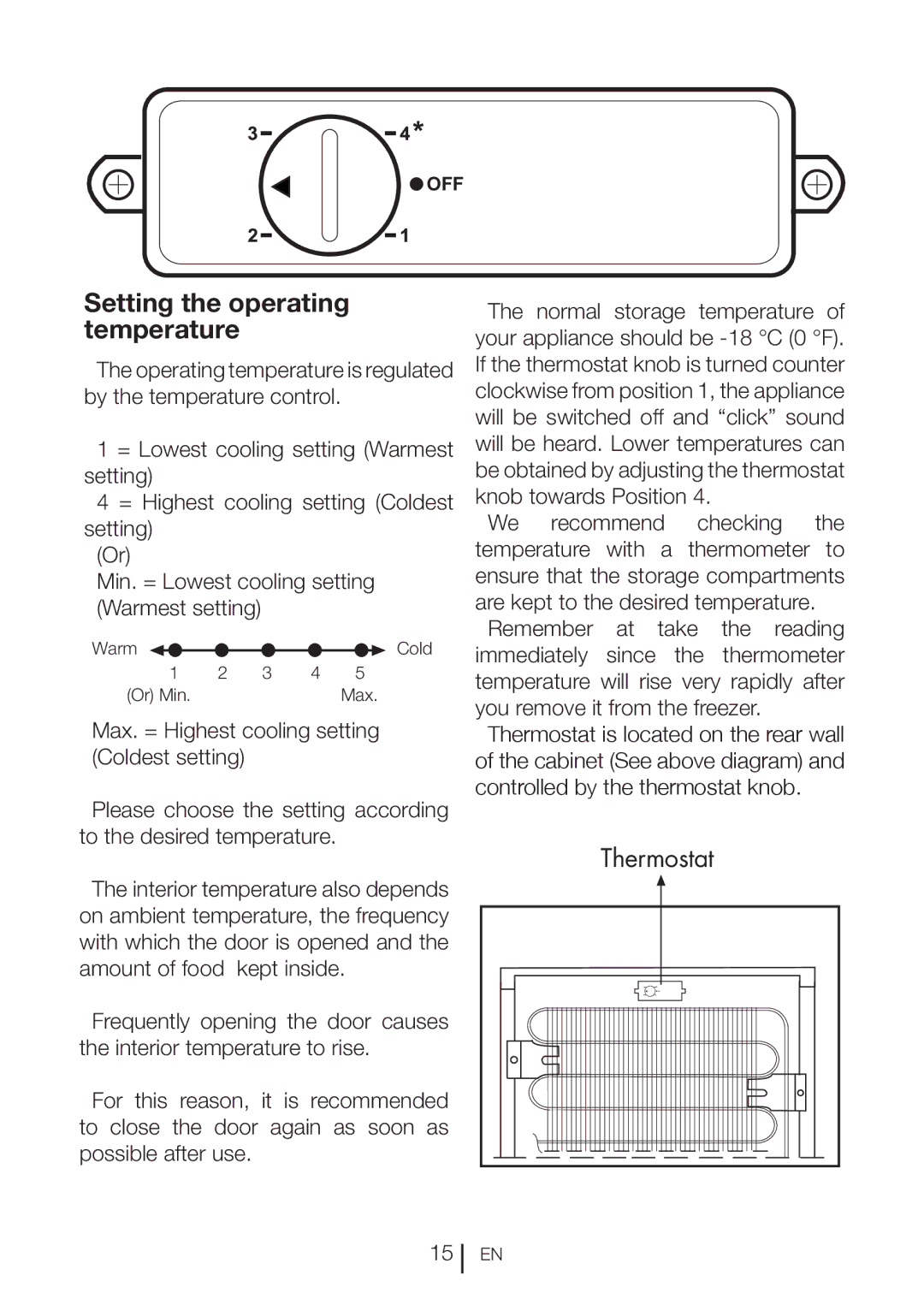 Beko UF483APW manual Setting the operating temperature 