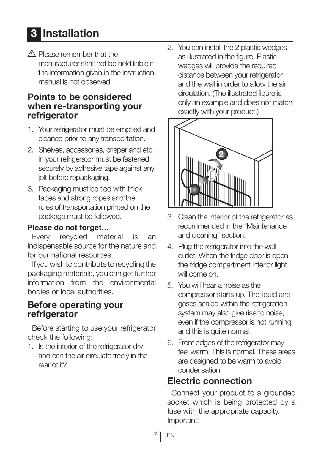 Beko UF483APW manual Installation, Before operating your refrigerator, Electric connection 