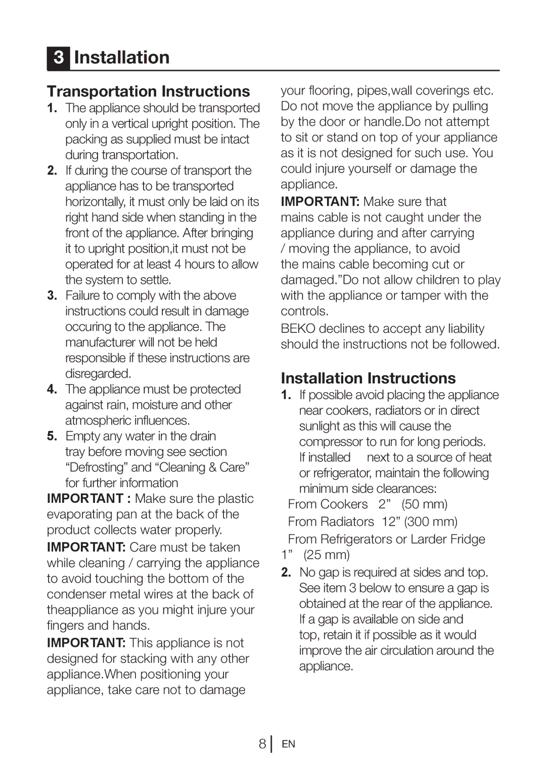 Beko UFC524W manual Transportation Instructions, Installation Instructions 