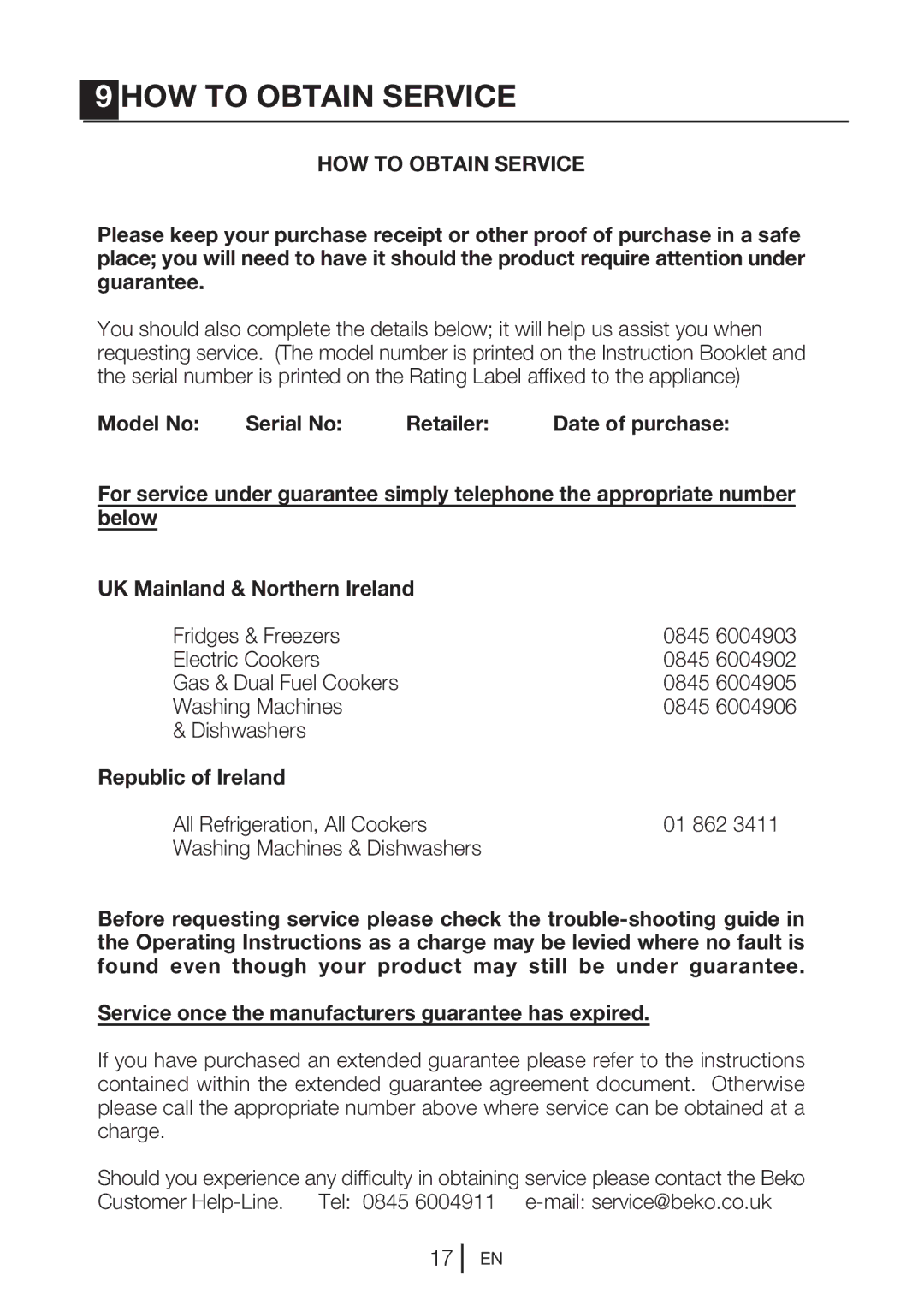 Beko UL483APW manual HOW to Obtain Service, 0845 