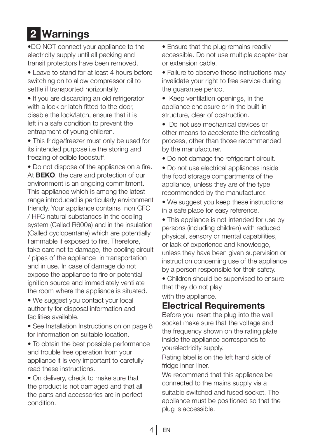 Beko UL483APW manual Electrical Requirements 