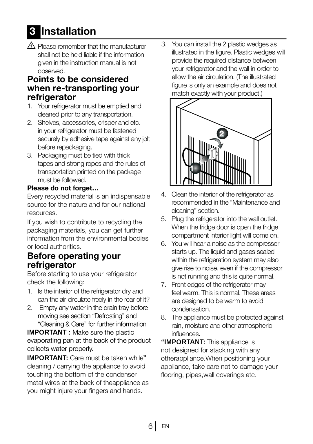 Beko UL483APW manual Installation, Before operating your refrigerator 