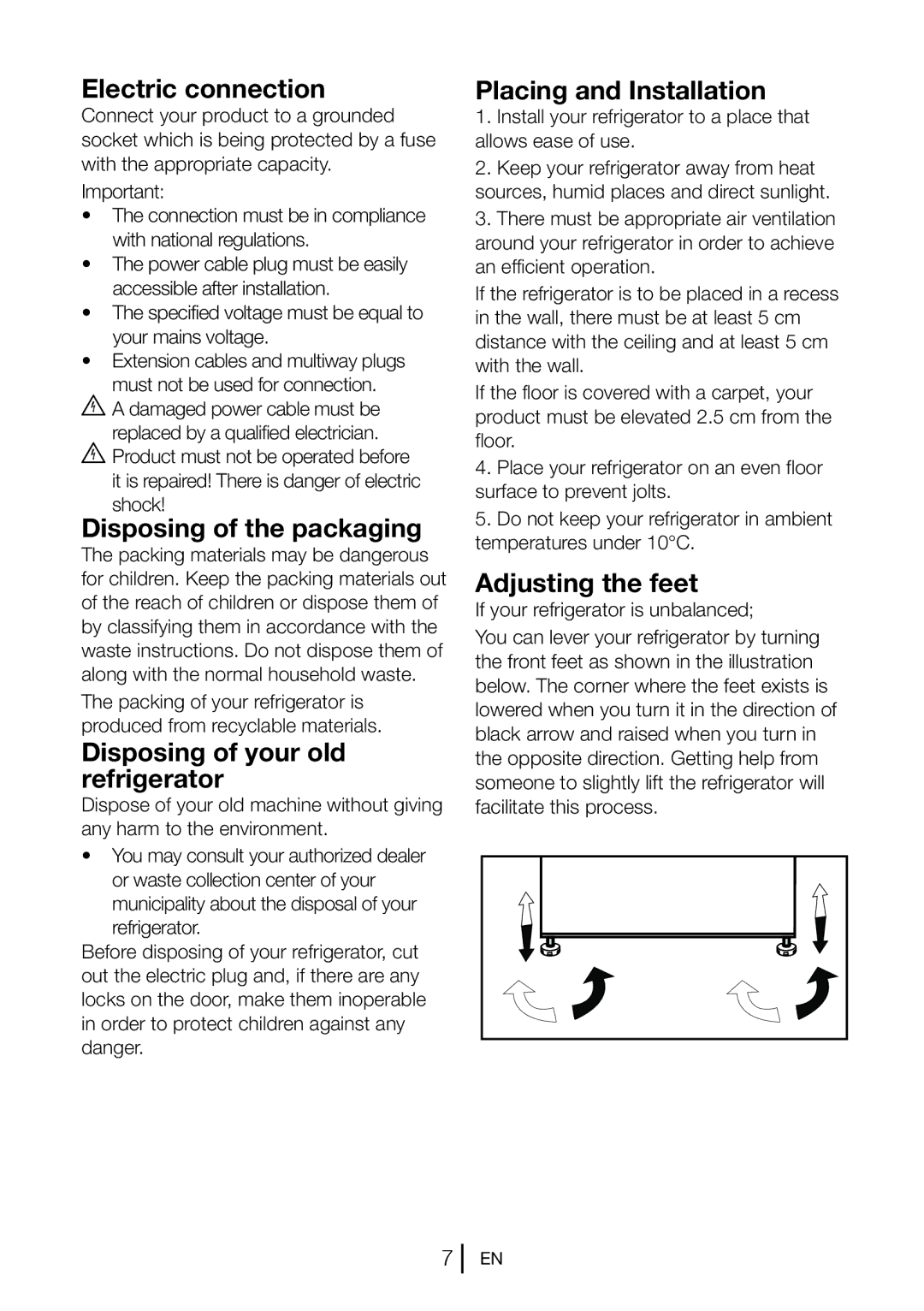 Beko UL483APW Electric connection, Disposing of the packaging, Disposing of your old refrigerator, Adjusting the feet 