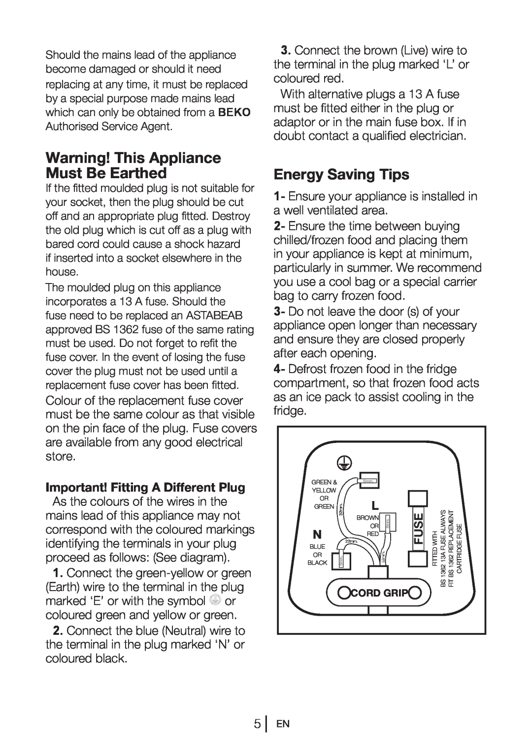 Beko UL483APW manual Warning! This Appliance Must Be Earthed, Energy Saving Tips, Important! Fitting A Different Plug, Fuse 