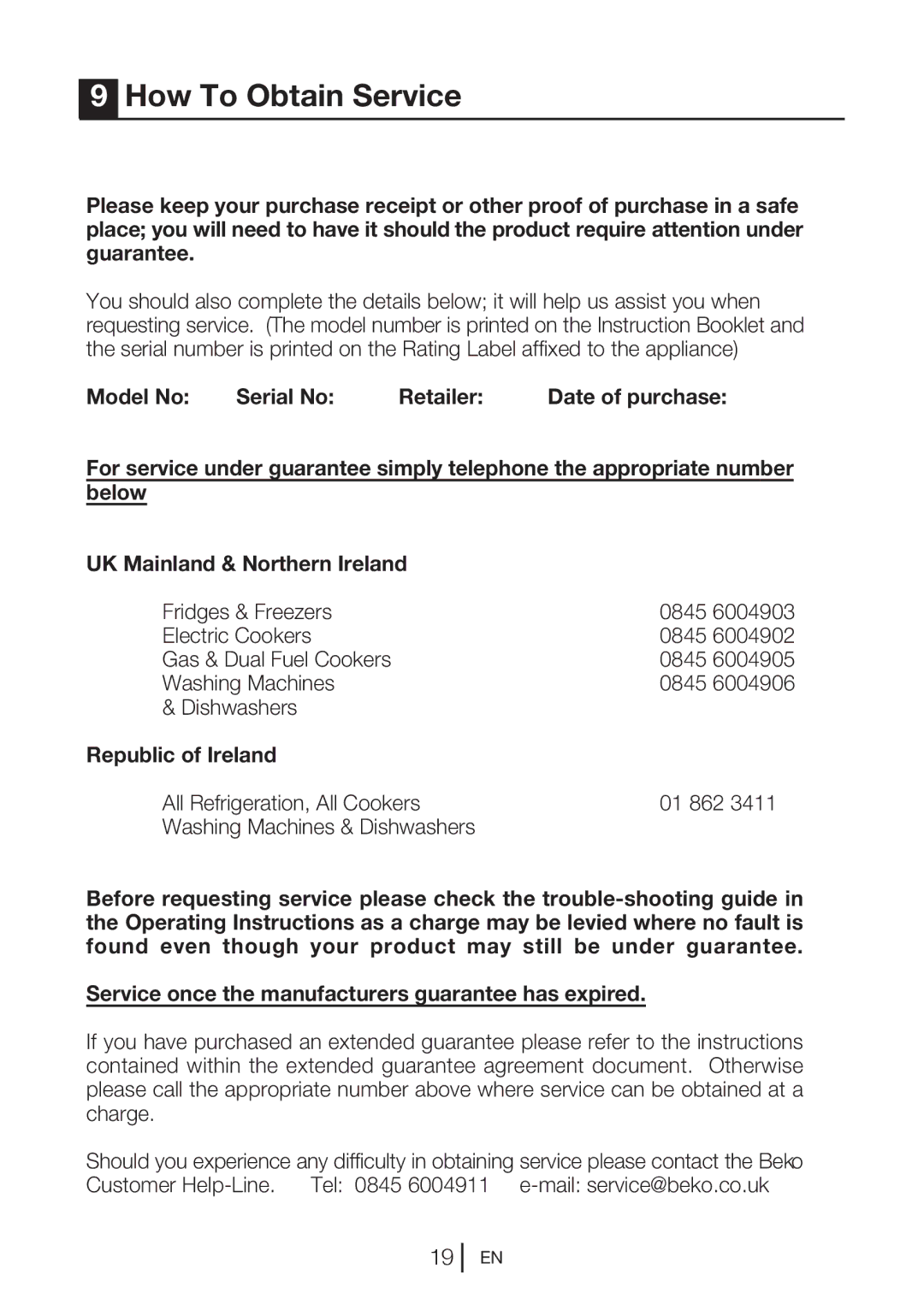 Beko UL584APW How To Obtain Service, Model No Serial No Retailer Date of purchase, Below UK Mainland & Northern Ireland 