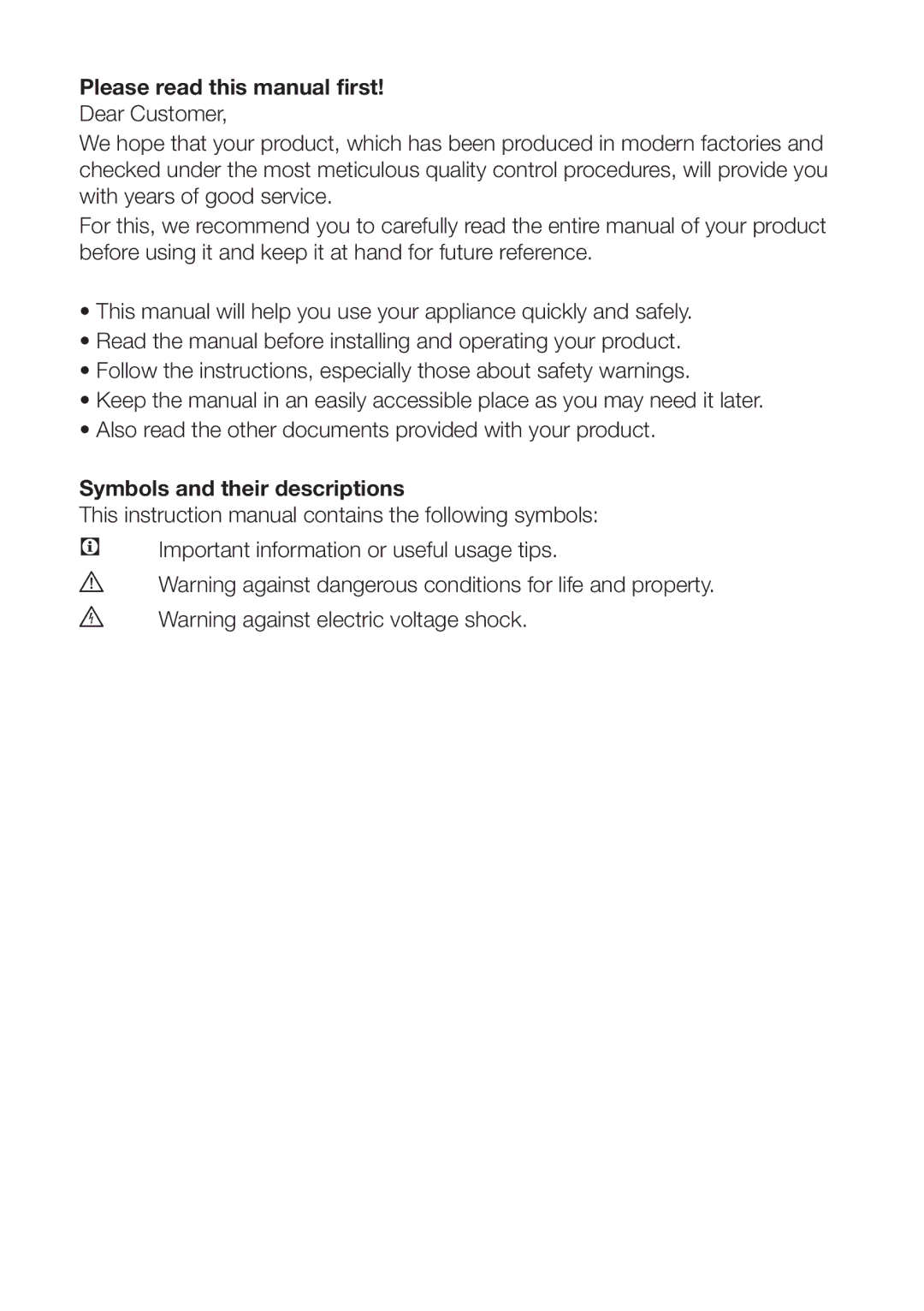 Beko UL584APS, UL584APW Please read this manual first, Symbols and their descriptions 