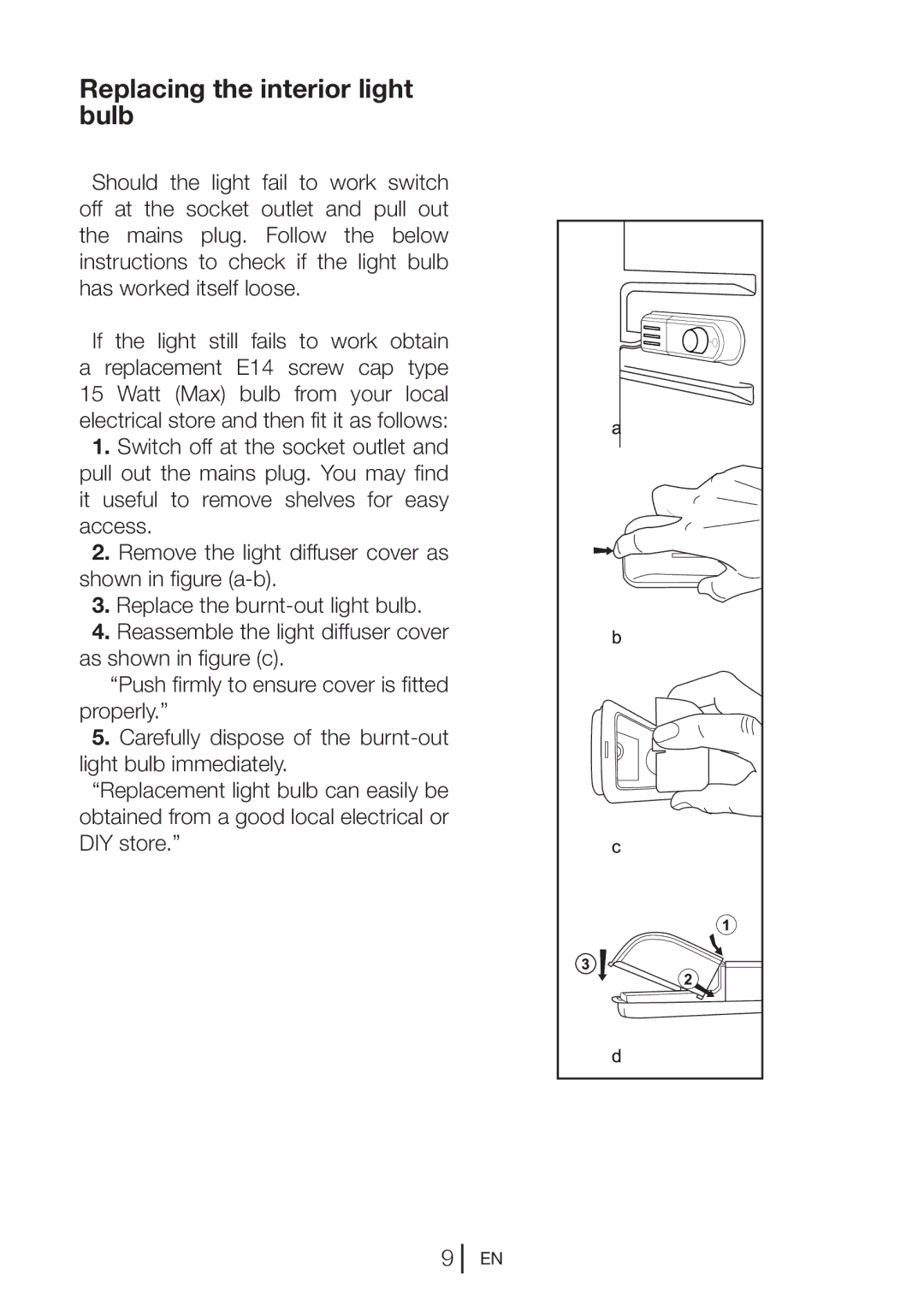 Beko ULC532W, UL483APW manual Replacing the interior light bulb 