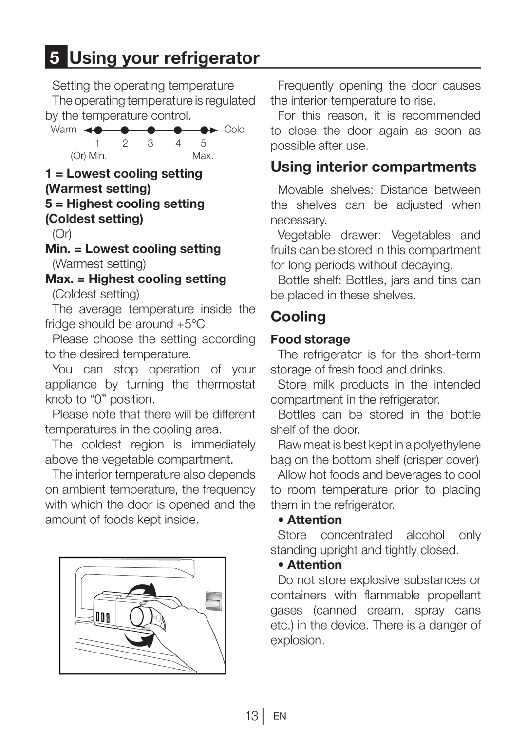Beko ULC532W Using your refrigerator, Using interior compartments, Cooling, Max. = Highest cooling setting, Food storage 