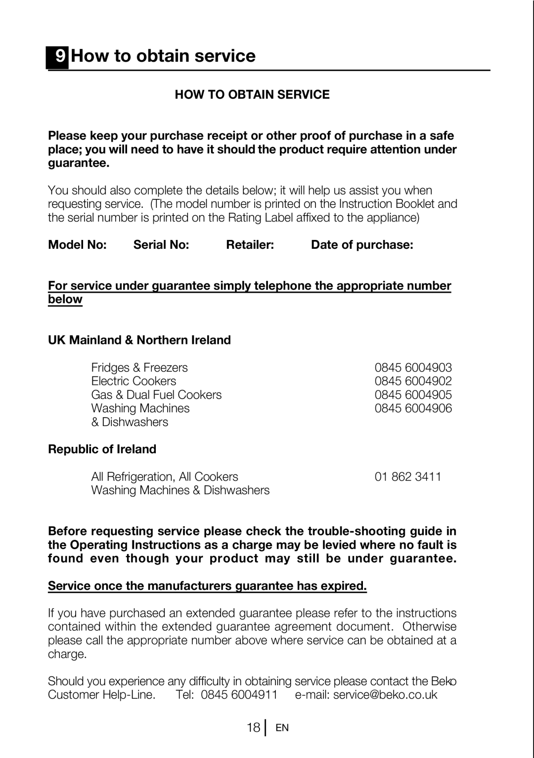 Beko UL483APW How to obtain service, Model No Serial No Retailer Date of purchase, Below UK Mainland & Northern Ireland 