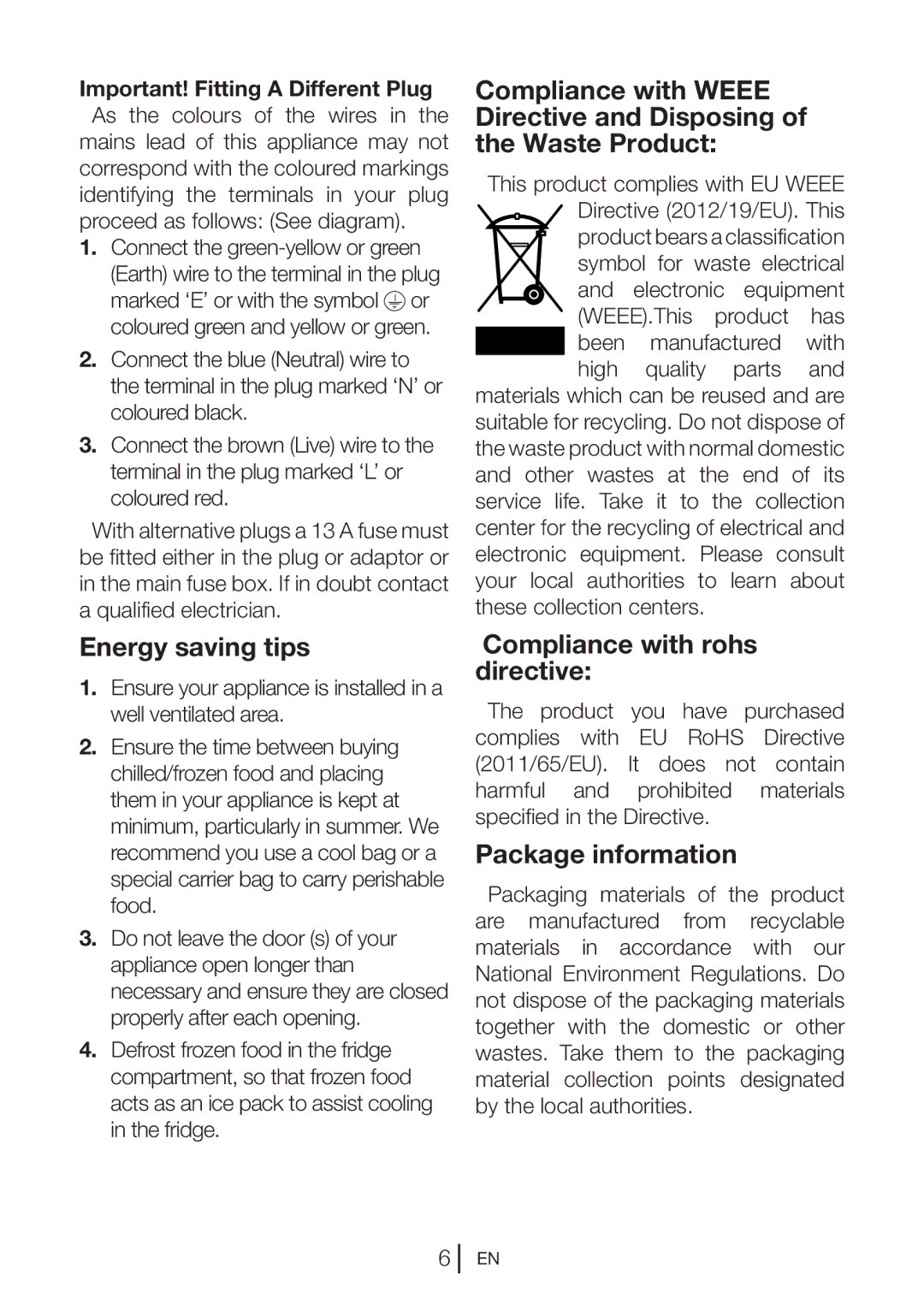 Beko UL483APW, ULC532W manual Energy saving tips, Compliance with rohs directive, Package information 